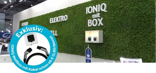 Hyundai IONIQ mit Box Wallbox Vienna Autoshow 2018 Ladestation Steckdose Ladedose Enomics Ladetechnik im Leasing Button Wien