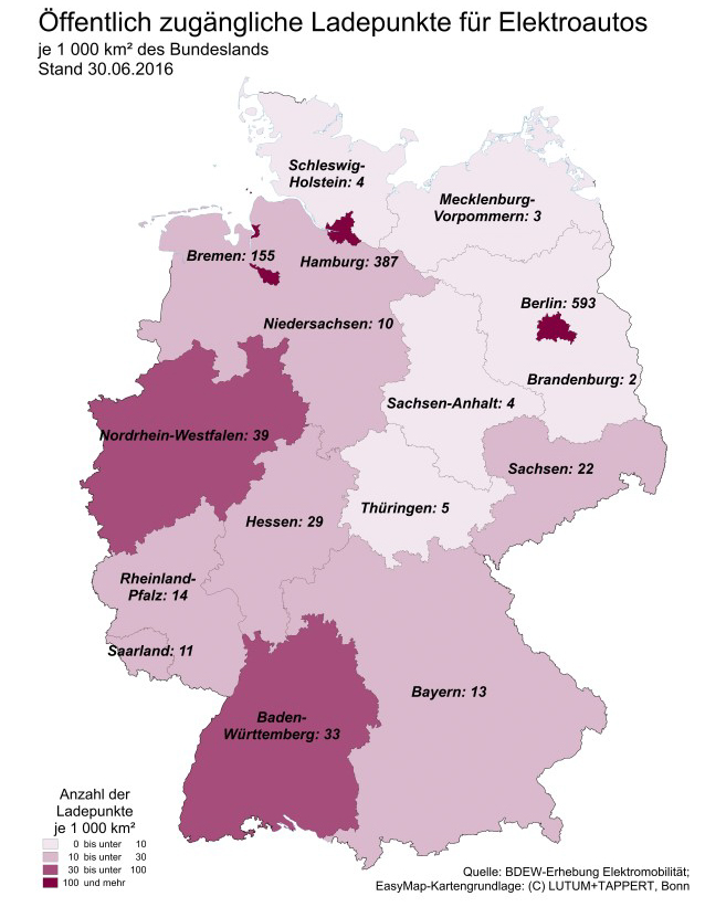 Anzahl Ladepunkte Deutschland je 1000km Infrastruktur