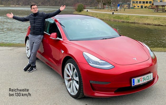 Tesla Model 3 dual motor performance rot Autobahn Reichweite bei 130 kmh